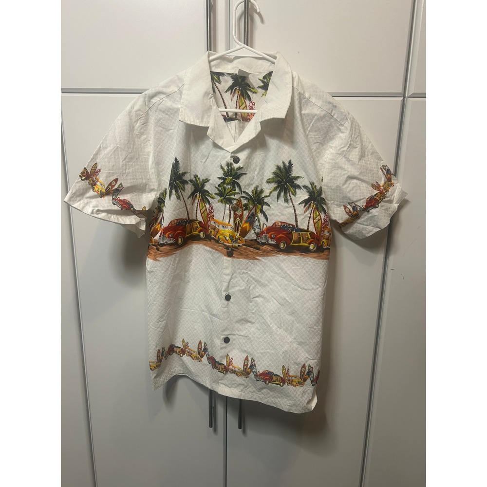 Palmwave Hawaii Mens White Cotton Tropical Woody Car Surfboard Aloha Shirt Large
